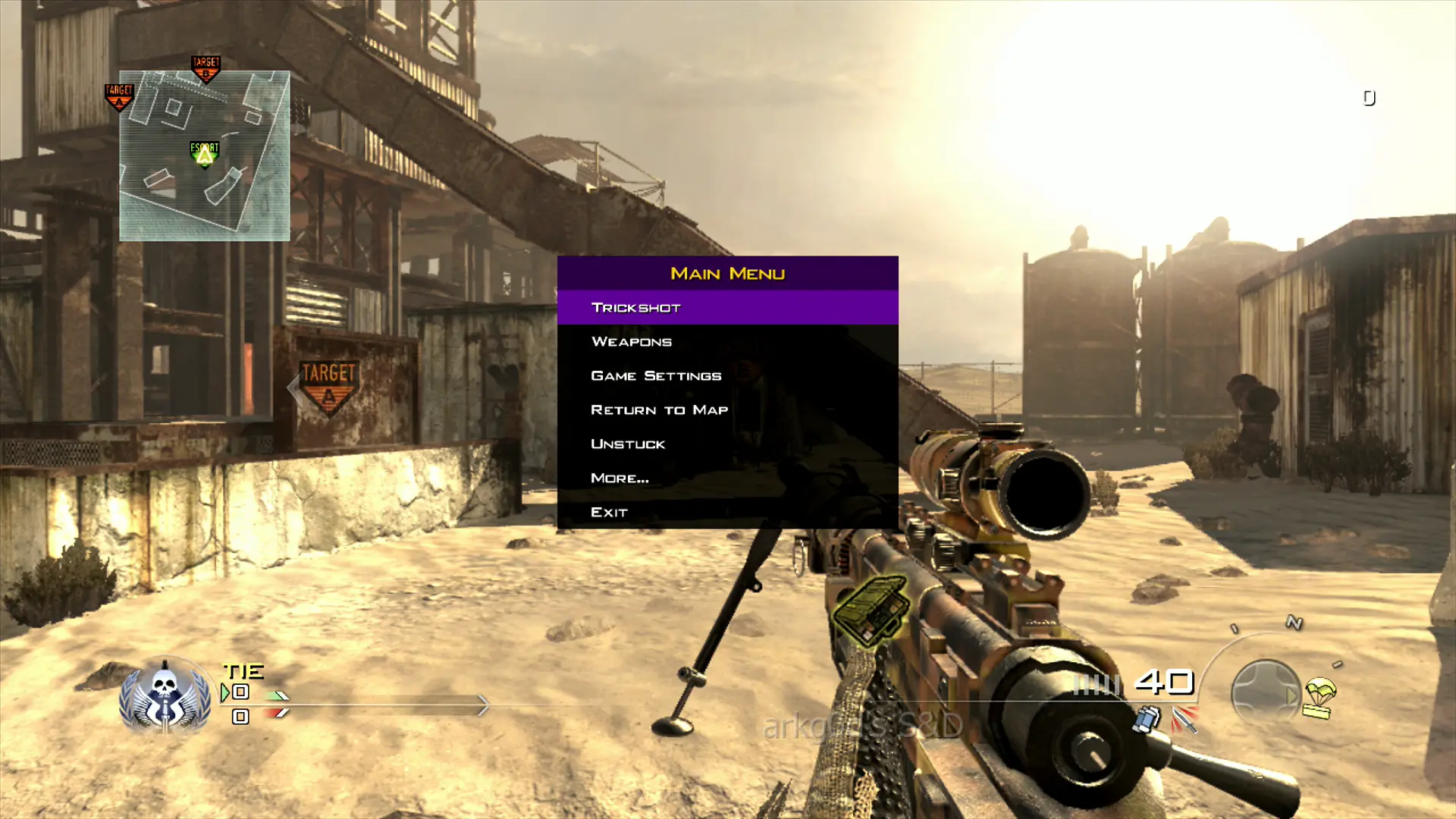 arkg0d S&D Main Menu shown in-game on Afghan, Intervention sniper deployed at sunset
